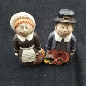 Vintage 80s Country Thanksgiving Figurines Pilgrims Wooden Carved